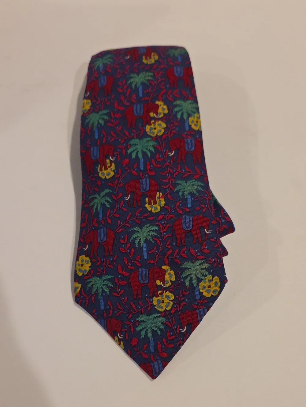 Hermes Silk Men's Patterned Red Silk Tie with Elephant & Palm Motif